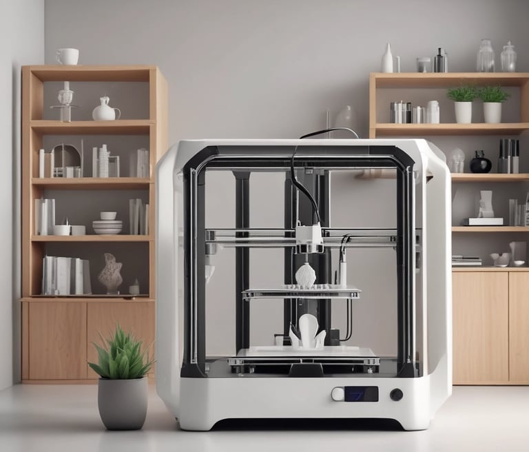 A softly lit minimalist workspace with pastel-colored 3D printed design objects arranged neatly on a wooden table.