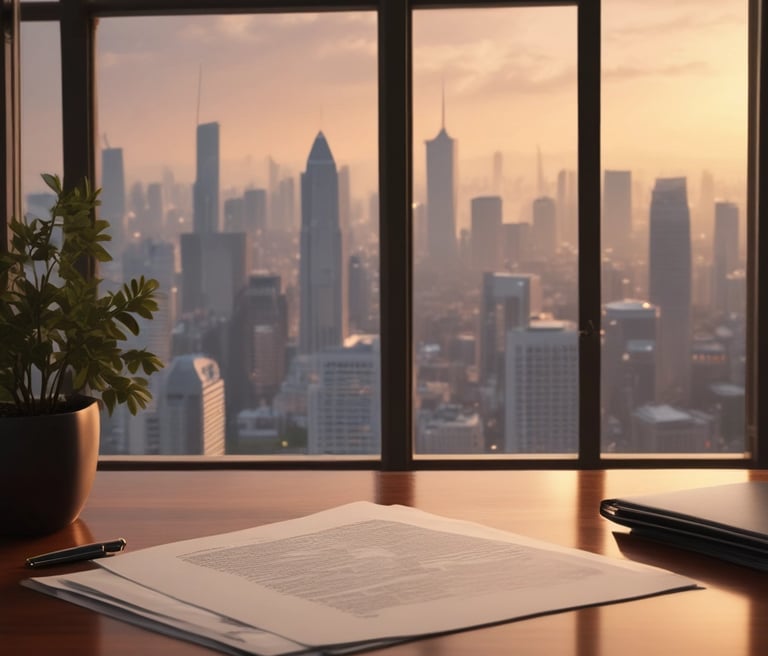 A confident lawyer discussing strategy with clients in a modern office setting.