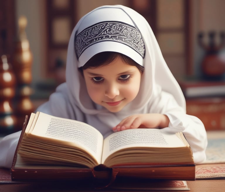 A warm, inviting online classroom scene showing a teacher and diverse students engaged in Quran study.