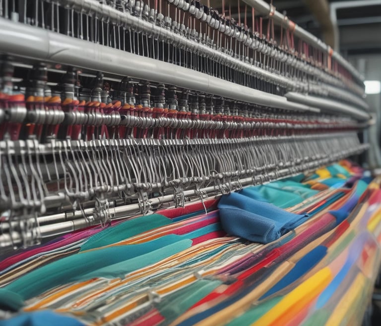A skilled technician inspecting a high-tech textile machine in a bright industrial workshop.