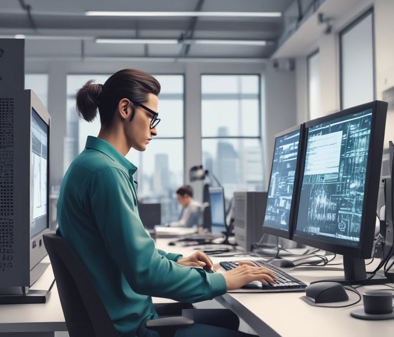 A serene blue and white themed workspace with a laptop displaying cloud architecture diagrams.