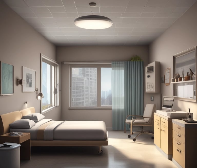 A person resting in a hospital bed at home, connected to one medical pump, symbolizing hospital-at-home care within a cozy residential setting in the USA.