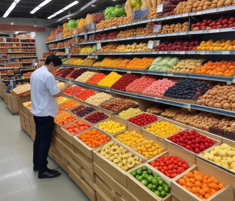 A vibrant marketplace scene showing farmers and traders exchanging fresh organic produce under bright sunlight.