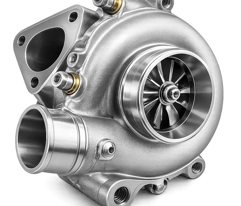 Polished silver performance turbocharger for high-speed automotive engine enhancement.