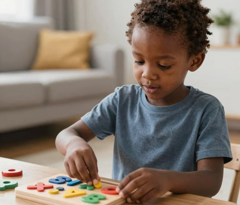 A joyful child playing with a colorful educational toy inspired by African culture in a bright, modern room.