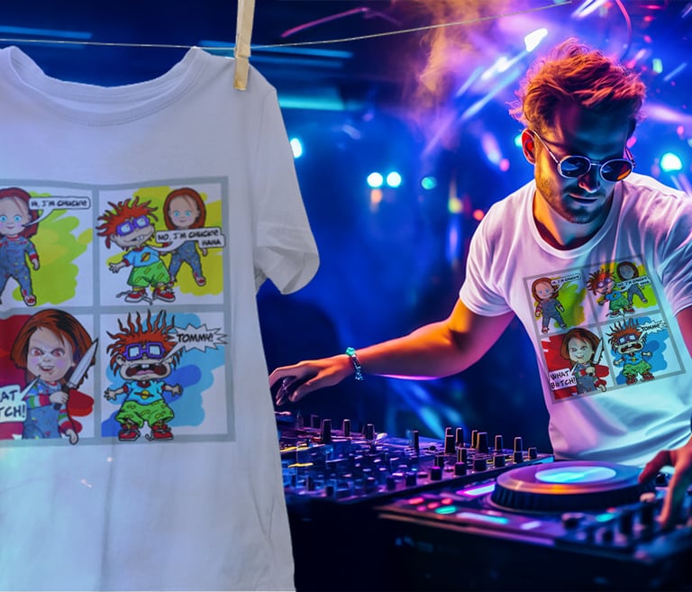 “Comic-style t‑shirt design shown on a hanger and worn by a DJ at an event - illustrated apparel artwork.”
