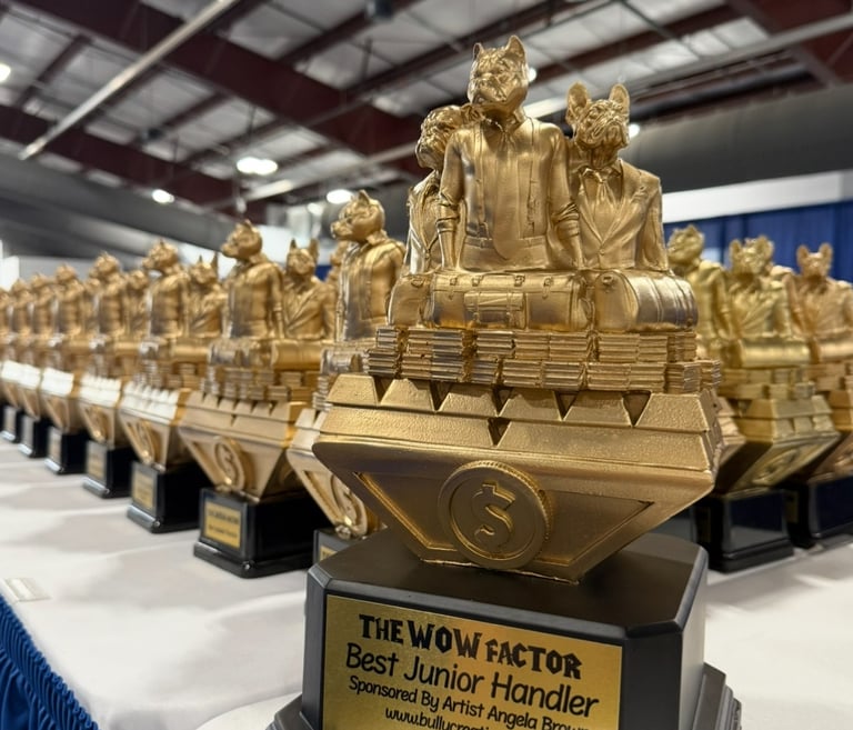 a row of gold trophies for a dog show.