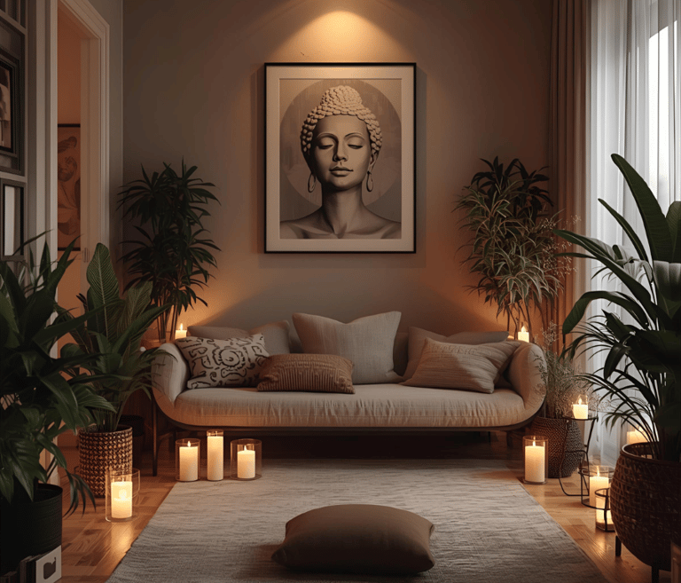 Minimalist meditation space with natural light and indoor plants for mindful living