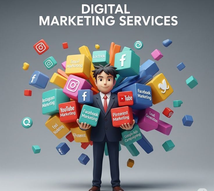 3D illustration of digital marketing expert with floating social media marketing platform cubes.