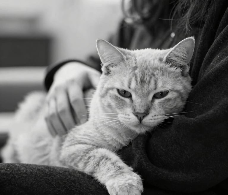 A comforting scene of a pet owner holding their dog lovin