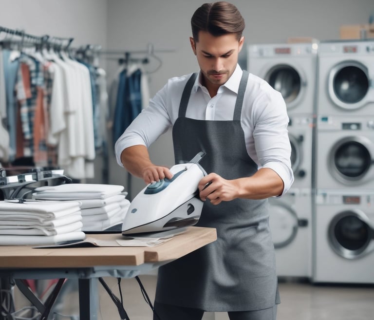 a bombastic handsome man irning cloths