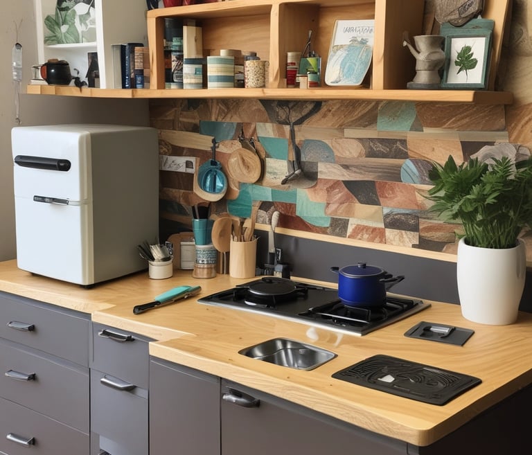 A dimly lit kitchen counter with a roll of paper towels, a blue appliance, and a plug-in night light featuring a chef figurine holding a pizza.