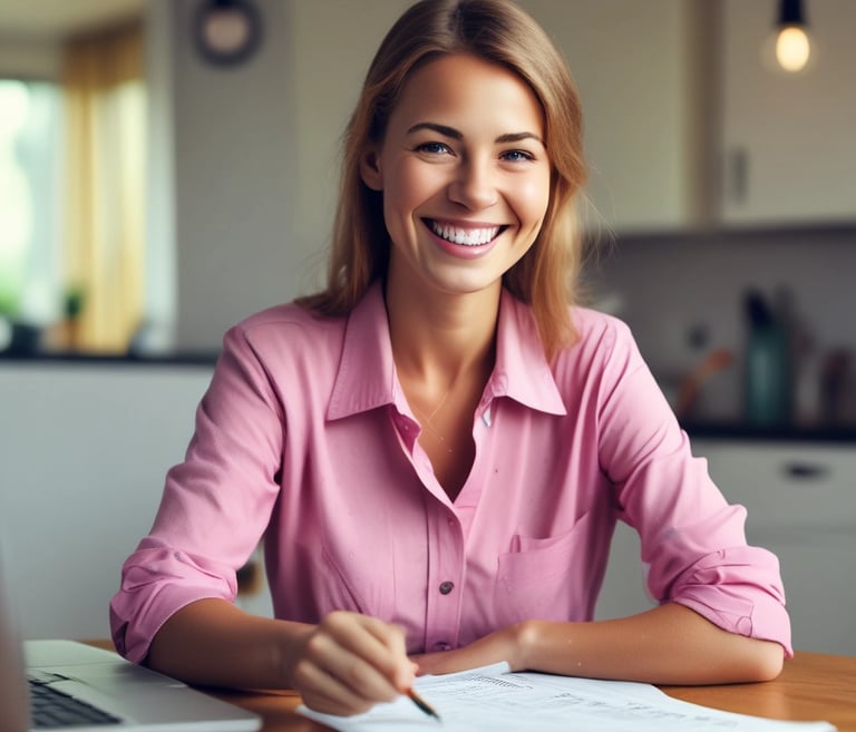a woman sitting at a table with a glass of coffee
