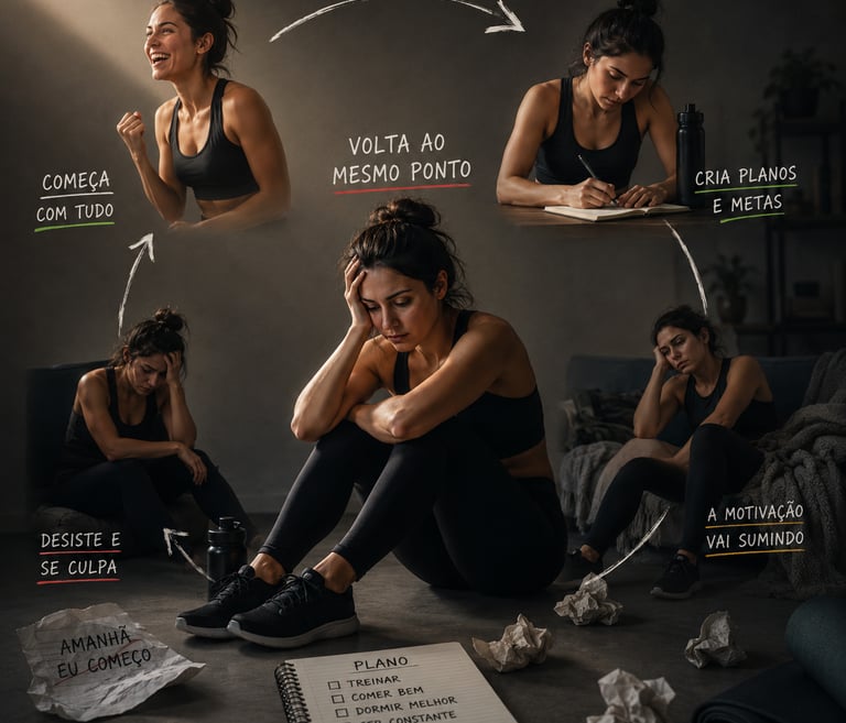 Infographic showing the cycle of fitness motivation and burnout with a woman struggling to maintain a workout routine.