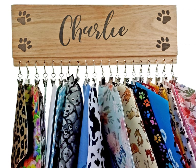 a personalized wooden bandana display holding twenty bandanas.