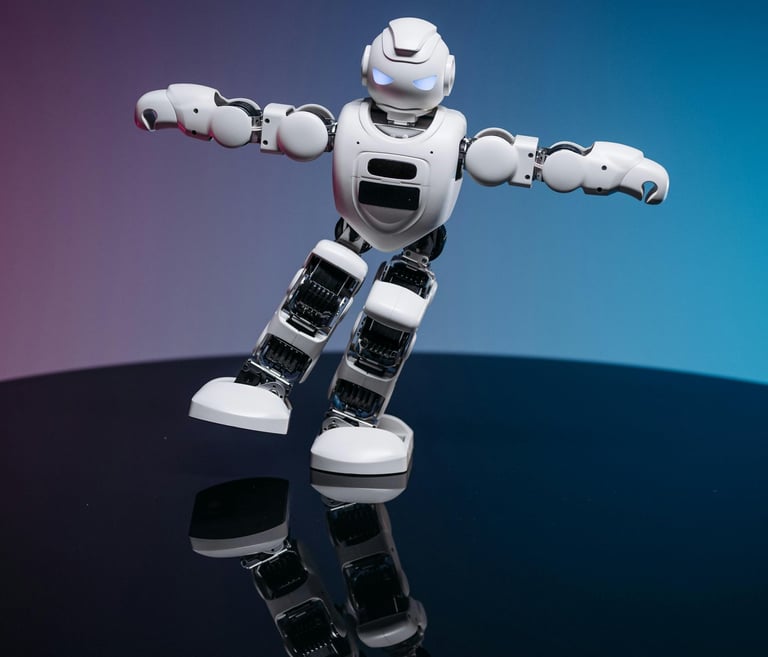 White humanoid robot toy balancing on a reflective surface with colorful studio lighting.