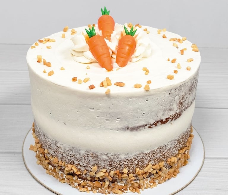 a carrot cake with carrots and nuts on top