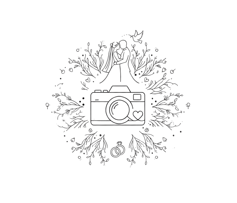 Καλλιτεχνική γραμμική απεικόνιση ενός ζευγαριού στο γάμο του, με λουλούδια και μια κάμερα.