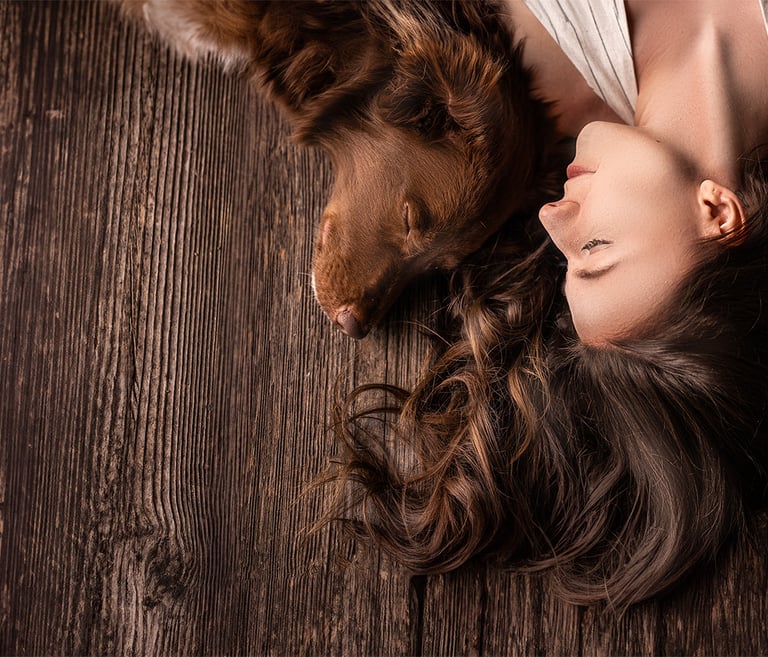 Frau liegt mit ihrem Hund bei Fine Art Fotoshooting in Niederösterreich, ruhige Mensch-Hund Verbindu