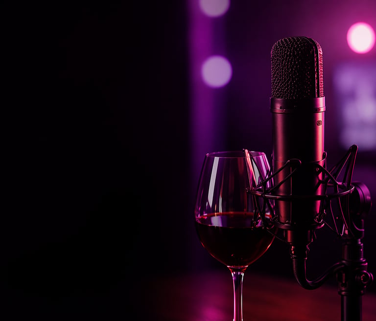 Podcast microphone with a glass of wine.