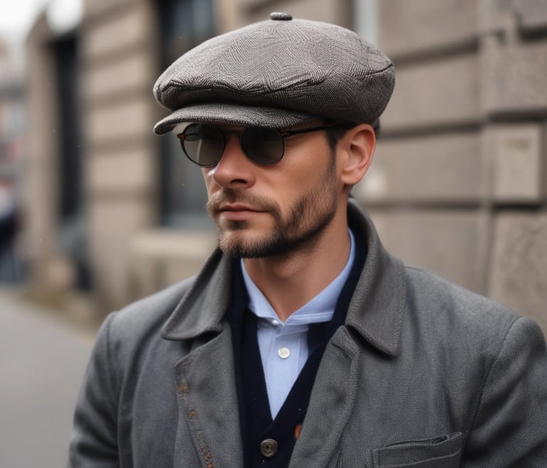 A charming vintage-style cap for adults displayed on a mannequin head with a backdrop of Boston cityscape.