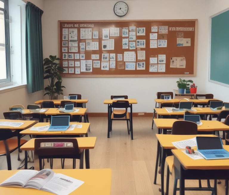 A warm classroom in a rural area of Antioquia with children and a teacher engaging happily in an English lesson.