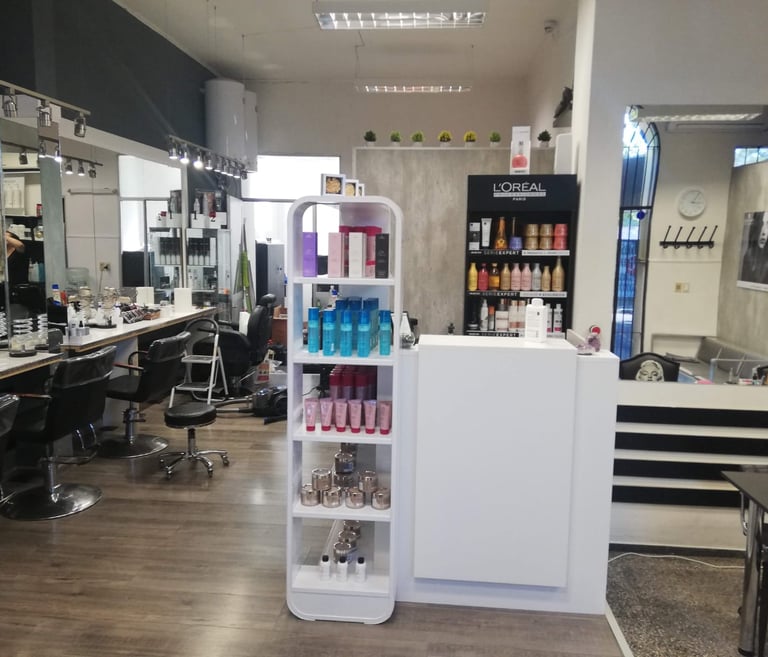 a salon salon with a hair dryer and a hair dryer