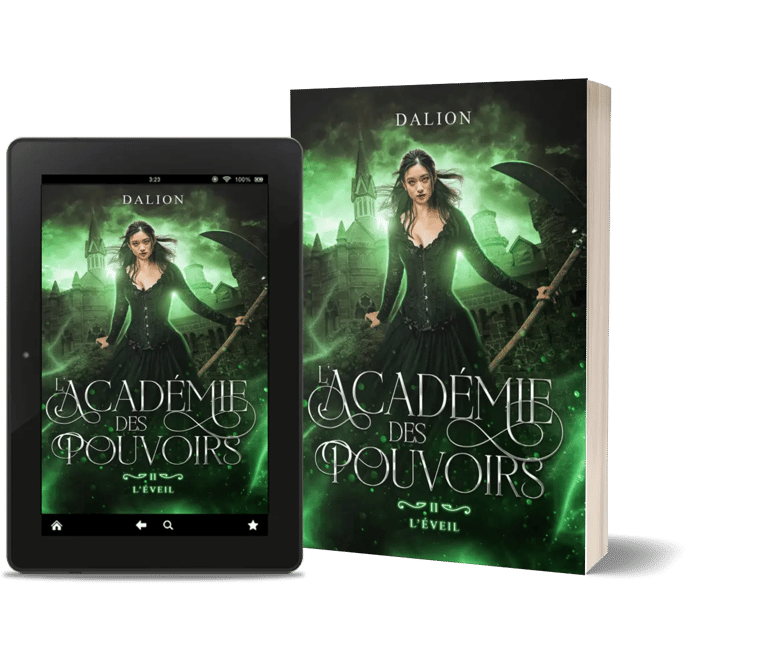 Mockup ebook et broche L'académie des pouvoirs tome 2 l'éveil - L. Dalion, auteure.