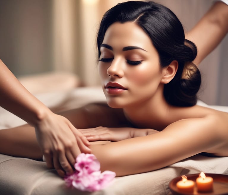 A person is lying on a massage table, covered with a dark towel, receiving a face massage. The massage therapist's hands are gently pressing on the person's forehead and eyes. The environment appears calm and relaxing.