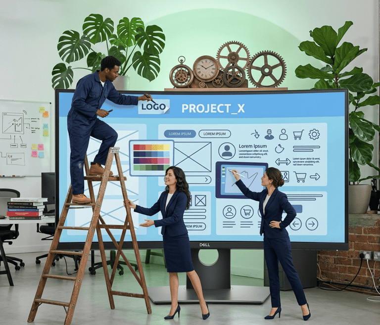 Creative team collaborating on website UI design using a large Dell interactive touchscreen monitor.