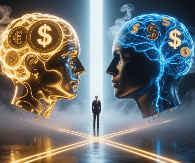 a man standing in front of two large heads one gold and one blue dollar with symbols