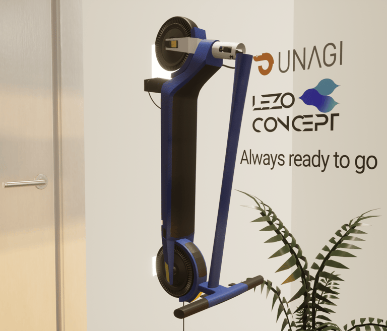 a blue scooter with a plant in the background