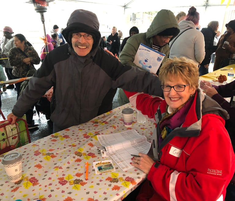 Thankful friends at the Mission's turkey give-away