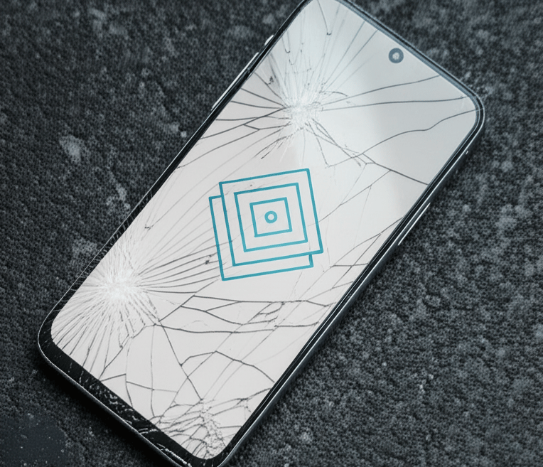 Imagen de un celular dañado en el piso muestra el logo de Darwin Insurance en la pantalla