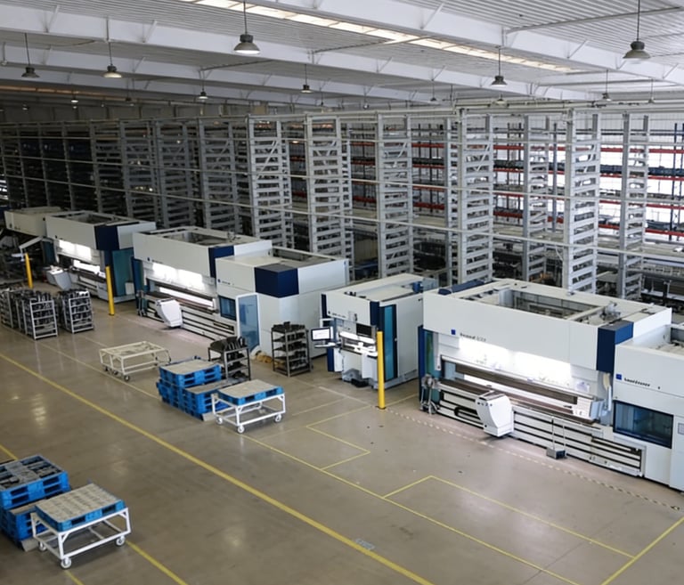Wide view of an industrial manufacturing facility with metal CNC machinery and high-density storage racks.