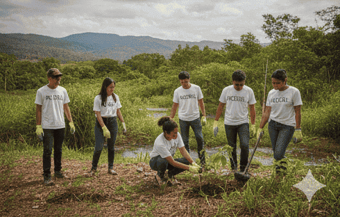 Voluntarios IxChel con camisetas blancas a juego plantando árboles en un proyecto de reforestación