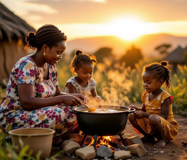 South African open fire cooking with family