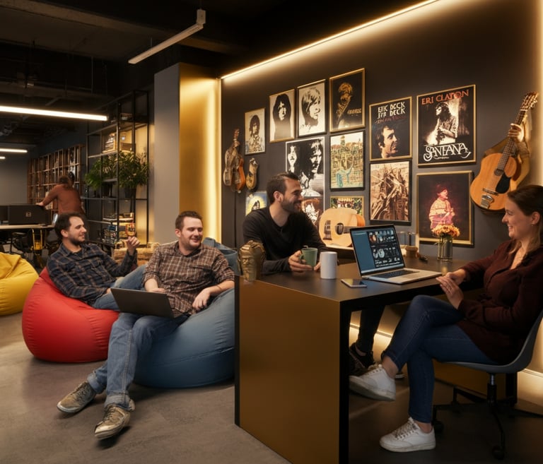 Verve Phoenix collaborating over coffee, solving creative challenges, delivering impactful results, and celebrating team wins