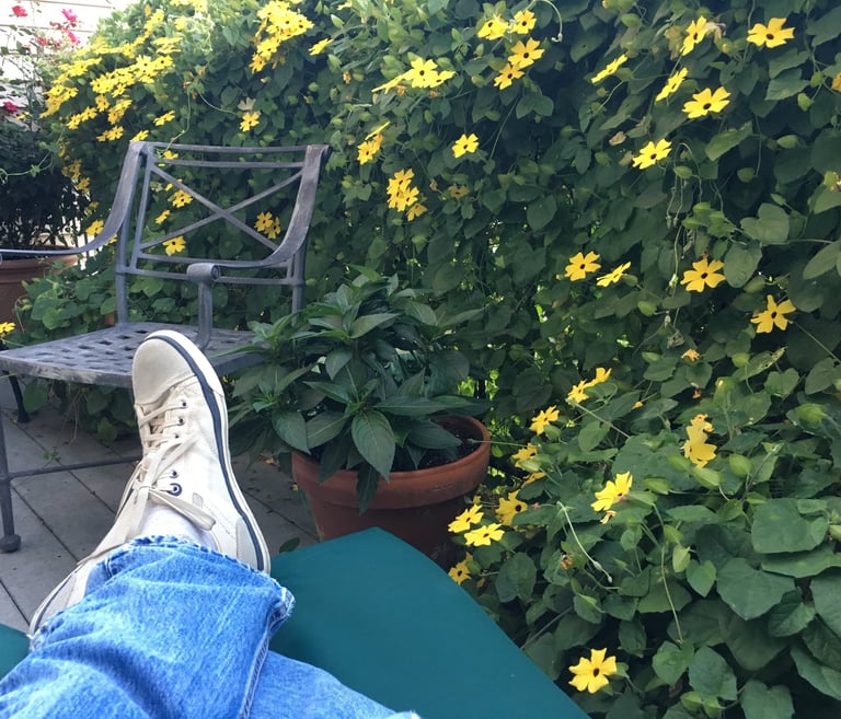 Photo of legs and feet in jeans and sneakers with flowers in the background author Robert Ellis lounging on his terrace.