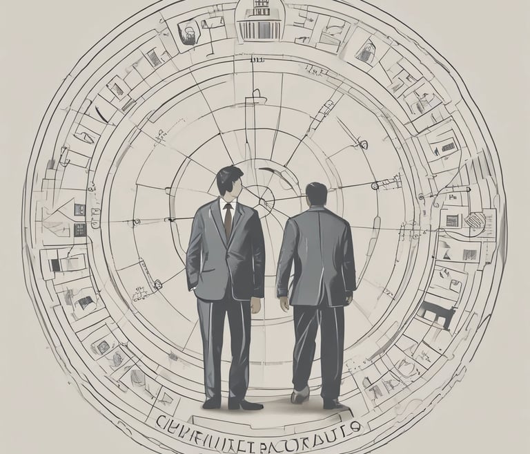 A diverse team of consultants collaborating over documents and laptops in a bright, modern office.