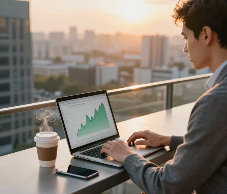 A modern office workspace with professionals collaborating over financial charts and laptops.