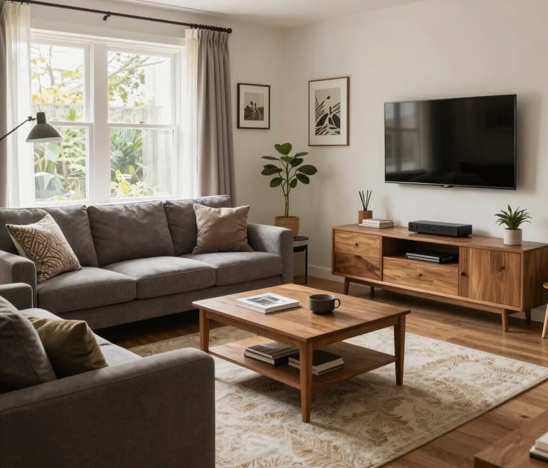 A bright, stylish living room with modern furniture and tasteful decor, showcasing a perfectly staged home.
