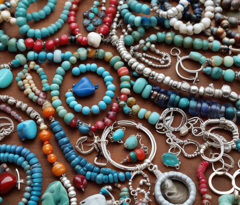 An assortment of jewelry is arranged on a dark surface with vibrant green leaves. The collection includes necklaces with intricate designs featuring gemstones. Notable pieces include a spider-shaped pendant with a white gemstone and a necklace with a large blue stone surrounded by smaller pearls. Another item is a silver pendant with branch-like elements. The background contrasts with dried leaves adding a natural element.