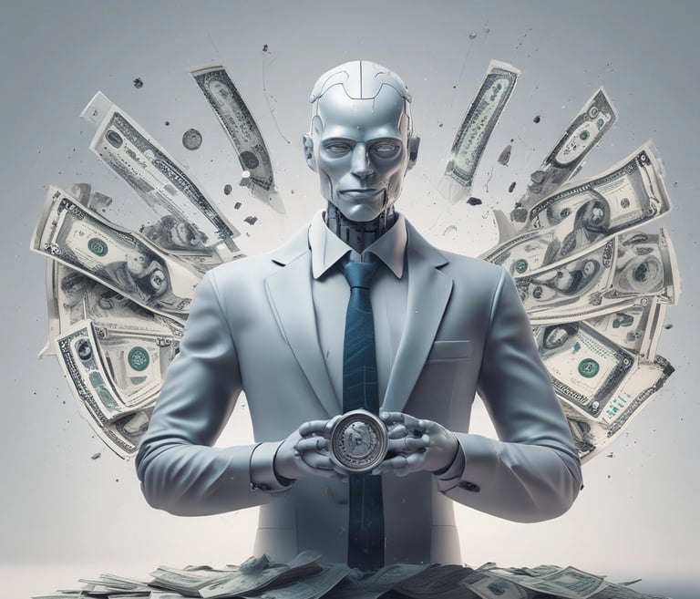 A person working on a laptop surrounded by AI-related icons and money symbols.