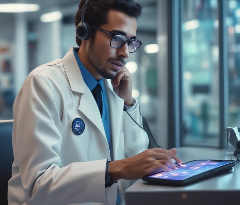 A healthcare professional reviewing digital records on a tablet in a hospital setting.