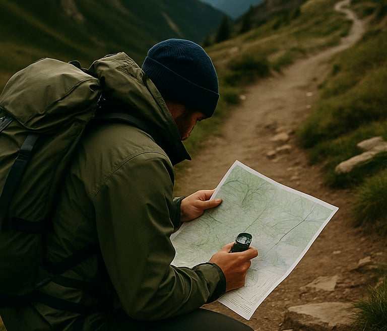 Hiker crouching on mountain trail reading a paper map for wilderness navigation