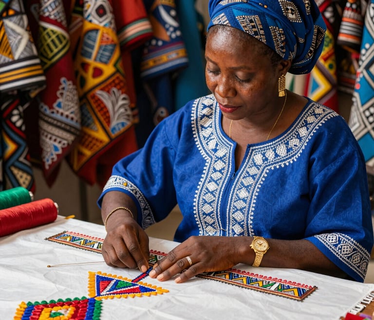 A close-up of a vibrant African textile artwork displayed at the fair.