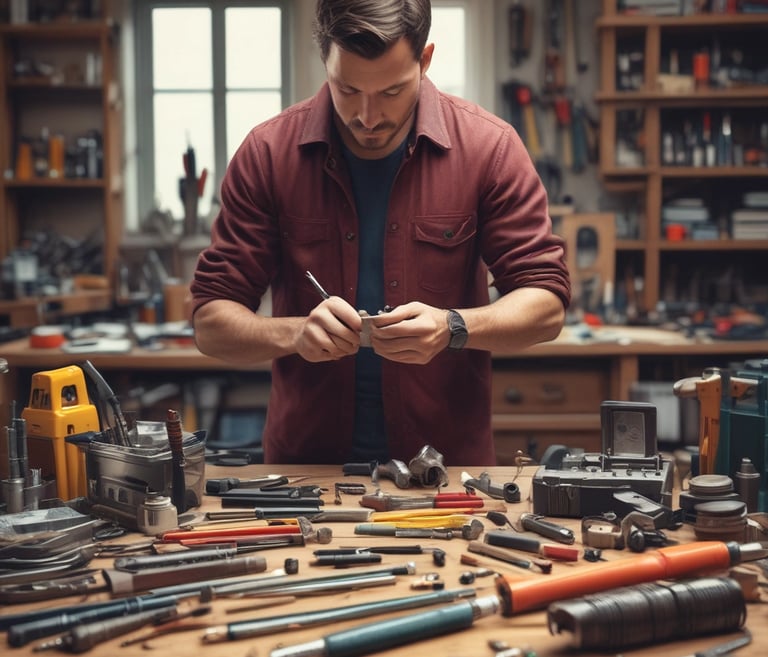 A bright, clean workspace featuring a selection of hand tools and kitchen essentials arranged neatly on a white background.