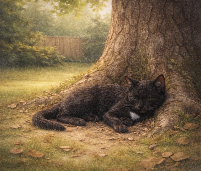 Illustration of Slim Shady resting beneath a tree, conveying vulnerability through stillness.