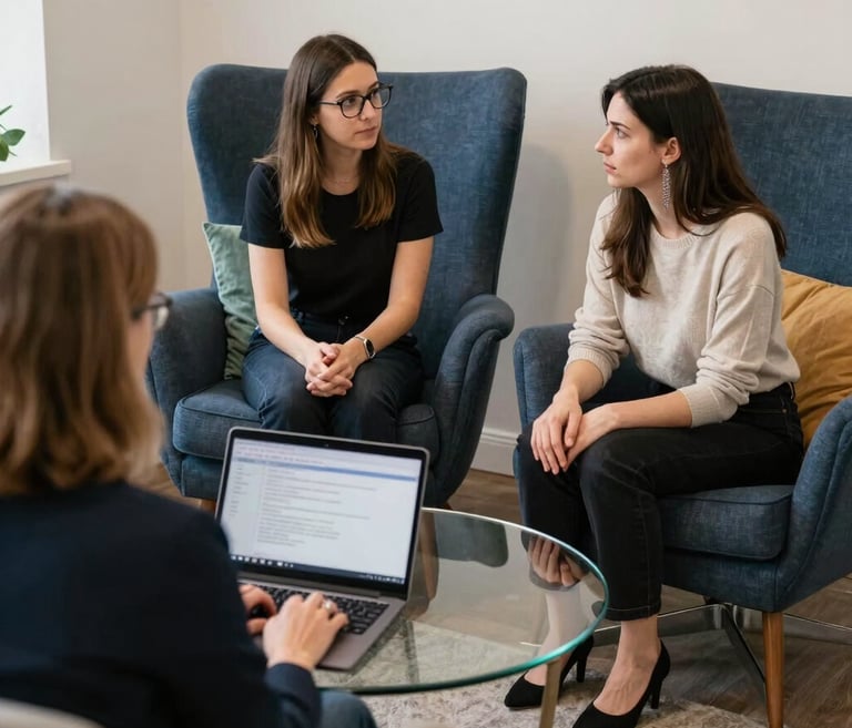 A warm and inviting portrait of Rowena Temple in a cozy, softly lit therapy room.